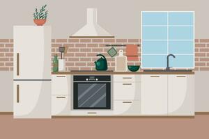 Modern kitchen interior in light colors. Interior design vector illustration