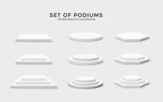 Round hexagonal and square stage collection. Set of empty podiums isolated on white background. Vector illustration