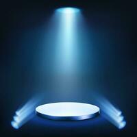Shining spotlights and blue empty scene. Elegant promotion design template. Studio or stage background. Vector illustration