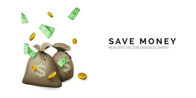 Save money concept. Money bags and falling gold coin and currency bill. Realistic cartoon banking and finance object. Vector illustration