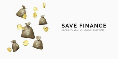 Money bags with dollar sign and falling gold coins. Financial services or cash back concept. Easy credit or quick payment. Vector illustration