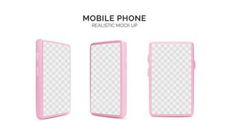 Mobile phone realistic mock up. 3d render smartphone. Pink phone template with empty screen isolated on white background. Vector illustration