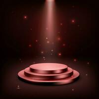 Red round podium illuminated with spotlight. Award ceremony concept. Realistic stage backdrop with bright sparkles. Vector illustration