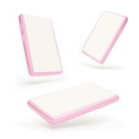 Smartphone mock up. Different angle of view to mobile phone. 3d pink template cellphone with shadow. Vector illustration