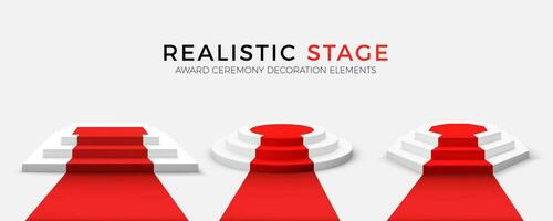 Realistic podiums with red carpet. Round hexagonal and square stages. Vector illustration