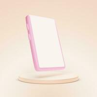 Pink smartphone on platform. 3d mobile phone template with empty screen. Pink studio background. Vector illustration