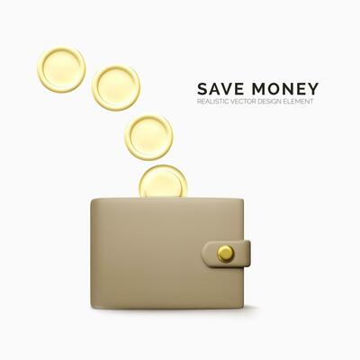 Realistic cartoon style wallet and gold coin. Cashback or quick loan concept design element. Vector illustration