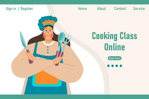 mujer cocinar con cuchillo, cuchara y tenedor. web bandera, aterrizaje página para en línea Cocinando lecciones dibujos animados ilustración, vector