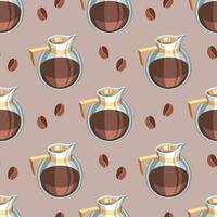 Seamless pattern, glass jugs with coffee and coffee beans on a brown background. Background, drinks, vector
