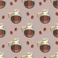 Seamless pattern, glass jugs with coffee and coffee beans on a brown background. Background, drinks, vector