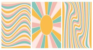 A set of vintage psychedelic rainbow backgrounds with the sun. Retro backgrounds of pastel colors. Vector