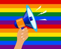 Hand with loudspeaker with LGBT rainbow, LGBT flag colors background. Banner, poster, template, vector