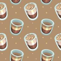 Seamless pattern, glasses with coffee and milkshakes on a beige background. Background, drinks, vector