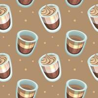 Seamless pattern, glasses with coffee and milkshakes on a beige background. Background, drinks, vector