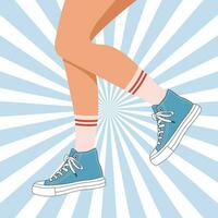 Legs of a girl in sports sneakers. Woman in retro sports shoes. Retro illustration in flat style. Vector