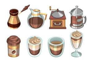 Big coffee set. Vintage coffee grinder, coffee maker, cezve, glasses with latte coffee. Drinks, illustration, vector