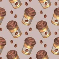 Seamless pattern, glasses with coffee and milkshakes on a beige background. Background, drinks, vector