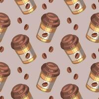 Seamless pattern, glasses with coffee and milkshakes on a beige background. Background, drinks, vector