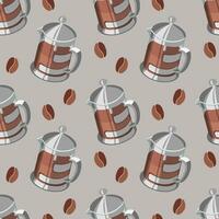 Seamless pattern, glass jugs with coffee and coffee beans on a brown background. Background, drinks, vector