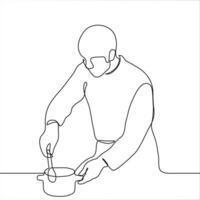 male chef is stirring food with a spoon in a pan. A man is preparing food in professional cook clothes. One continuous line art cooking vector