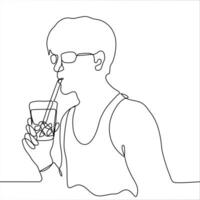 young man in a boxing shirt and sunglasses drinks a soft drink alcohol, cocktail, water through a tube from a glass in which ice cubes float. One continuous line drawing quenching thirst vector