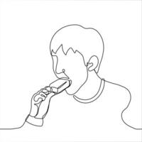 guy bites ice cream on a stick - one line drawing. a man greedily eats a popsicle, his mouth wide open in which the guy shoves a whole popsicle vector