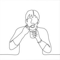 man with open mouth and holds a spoon in his mouth and a glass vector