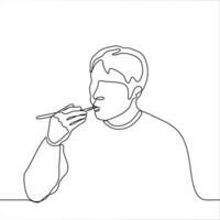 hombre comiendo con palillos. uno línea dibujo concepto de comiendo asiático alimento. comer con palillos vector