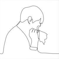 drawing of a man in profile blows his nose into a handkerchief, napkin. one line drawing of a man with a cold, the patient cleans his nose from snot, coughing or crying vector