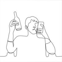 hombre bebidas mientras surf en línea. uno línea dibujo de un alcohólico mirando a el teléfono mientras leyendo el Noticias o acecho un vídeo vector