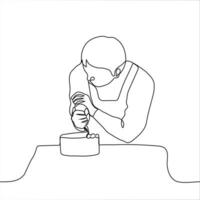 pastry chef decorates cake with cream - one line drawing. a man in an apron bent over a round cake with a pastry bag, he squeezes out the cream on the birthday cake vector