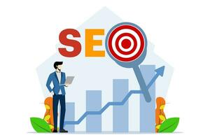 Search Engine Optimization ranking concept, SEO, arrow pointing to a magnifying glass with SEO abbreviation letters, idea for promoting traffic to a website. businessman with laptop looking at graph. vector