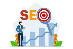 buscar motor mejoramiento clasificación concepto, SEO, flecha señalando a un aumentador vaso con seo abreviatura letras, idea para promoviendo tráfico a un sitio web. empresario con ordenador portátil mirando a grafico. vector