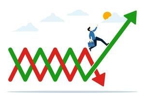 concept of change from falling to rising. entrepreneurial investor jumps from red arrow to green upward arrow, stock market uncertainty, economic improvement and investment or recovery from crisis. vector