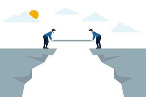 Risk management, business idea to overcome difficulties or teamwork to achieve target concept, businessman helping to build equipment or supplies as a bridge to walk over a dangerous cliff. vector