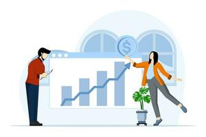 Stock trading concept. businessman invests money in stock market. Explore financial charts, graphs, and analyze other graphs and data. flat vector illustration on white background.