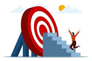 Success ladder concept, woman jumping happily after finding the way to the goal. Stairway to success, Stairway to Red target, bullseye business target, flat vector illustration on white.