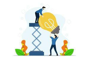 concept of teamwork in generating ideas, Two business people climbing the stairs to the light bulb. Generate unique business ideas and approaches. flat vector illustration on white background.