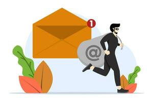 thief holding red bag full of data from new email without email, data privacy thief, cyber hacker or email provider showing ads based on inside information concept, secret private email. vector