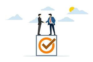 concept of accountability or engagement, businessman handshake on completed check box. Commitment, agreement to submit or complete work, leadership skills or belief in job responsibilities. vector