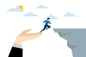 Confident businessman jumping from helping giant hand to reach cliff target. Support in business for success, guidance and motivation to overcome business obstacles, career growth concept. vector