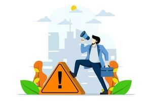 concept of important announcement, attention or warning information, breaking news or important message communication, alert and careful, business people announce in megaphone with exclamation mark. vector