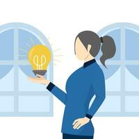 skill or professional concept to solve a problem, businesswoman who got a new idea with a light bulb in her hand. Entrepreneurial thinking idea, solution or strategy planning, career or job. vector