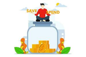 men hesitate to sit on the choice of savings balance, save or spend. Money decisions, saving or spending, choosing to invest or pay off debt, financial choices when receiving a bonus or extra money. vector