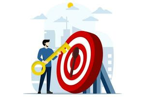 Concept of career achievement or secret of success in work, Businessman places golden keys on targeted goals to unlock business success. The key to success and achieving business targets, KPI. vector