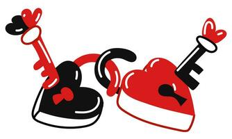 A set of padlocks in the form of hearts for Valentine's Day. Drawing of the symbol of love on a white background. Two interlocked locks in the form of hearts with public keys. Vector illustration