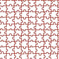 A hand-drawn puzzle pattern with a red outline. Seamless mosaic texture on a white background. An assembled puzzle for Valentine's Day. Flat doodle texture for printing on textiles and paper vector