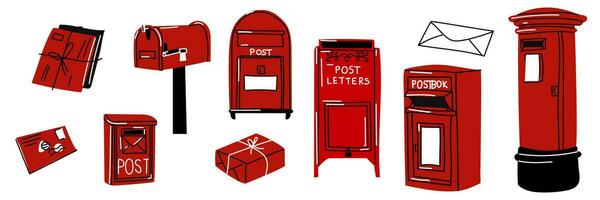 A set of mailboxes for letters with parcels and letters in red. It is ideal for a scrapbook, a set of stickers, tags. A vector illustration drawn by hand. Black red white flat vector isolated
