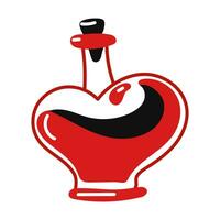 A heart-shaped bottle with a red love potion for Valentine's Day. Isolated vector doodle illustration in red and black colors. A closed bottle with liquid inside for lovers. Contour, lines, spot