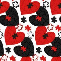 Seamless pattern with a heart-shaped puzzle and colored missing parts. Red black white colors. Valentine's Day. Collect, search, build. Matching puzzles. Love, build relationships, pick up vector